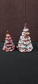 Pair of Fenton Art Glass Iridescent Snow Flocked Christmas Tree Figurines, One with Gold Bird & One