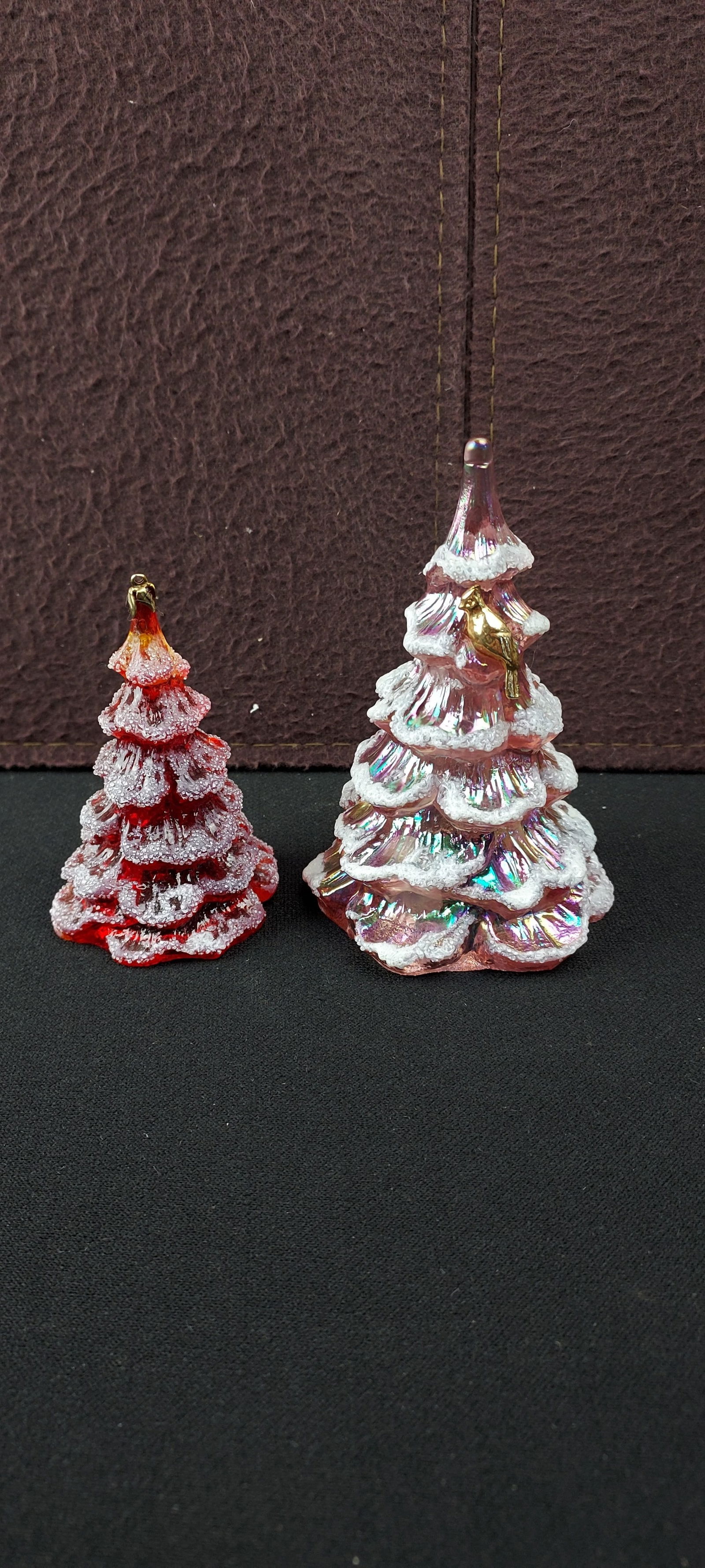 Pair of Fenton Art Glass Iridescent Snow Flocked Christmas Tree Figurines, One with Gold Bird & One (1 of 7)