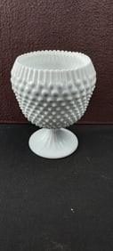 Vintage Fenton Milk Glass Hobnail Pedestal Ivy Ball Vase Ribbon Edge
