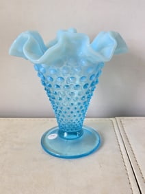 Vintage Fenton Glass Blue Opalescent Hobnail Ruffled Vase, approx. 5 3/4" Tall