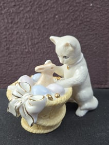 Lenox Sweet Wonder Easter Cat Figurine, Bunny in Basket, Gold Accents