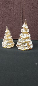 Pair of Fenton Iridescent Carnival Glass Christmas Tree Figurines, Snow Frosted, 9555GL