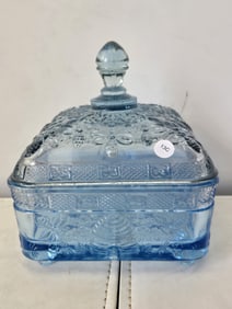 Vintage Indiana Glass Tiara Honey Bee Hive Lidded Candy Dish, Ice Blue