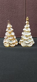 Pair of Fenton Art Glass Golden Iridescent Flocked Christmas Tree Figurines, One Has Gold Angel