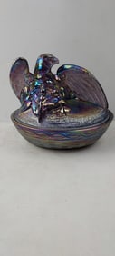 Circa 1991 Fenton Art Glass Amethyst Carnival Glass Eagle on Nest Covered Dish