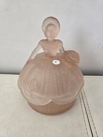 Vintage 1930s Ramses Crinoline Girl Pink Satin Depression Glass Powder Jar