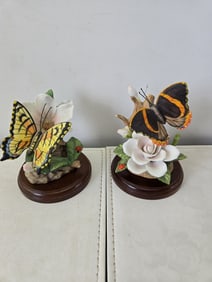A Pair of Hand-Decorated Porcelain Butterfly Figurines: Tiger Swallowtail & Red Admiral, Marked