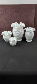 A Collection of Fenton Art Glass White Milk Glass Hobnail Ruffled Vases, Four Piece Set