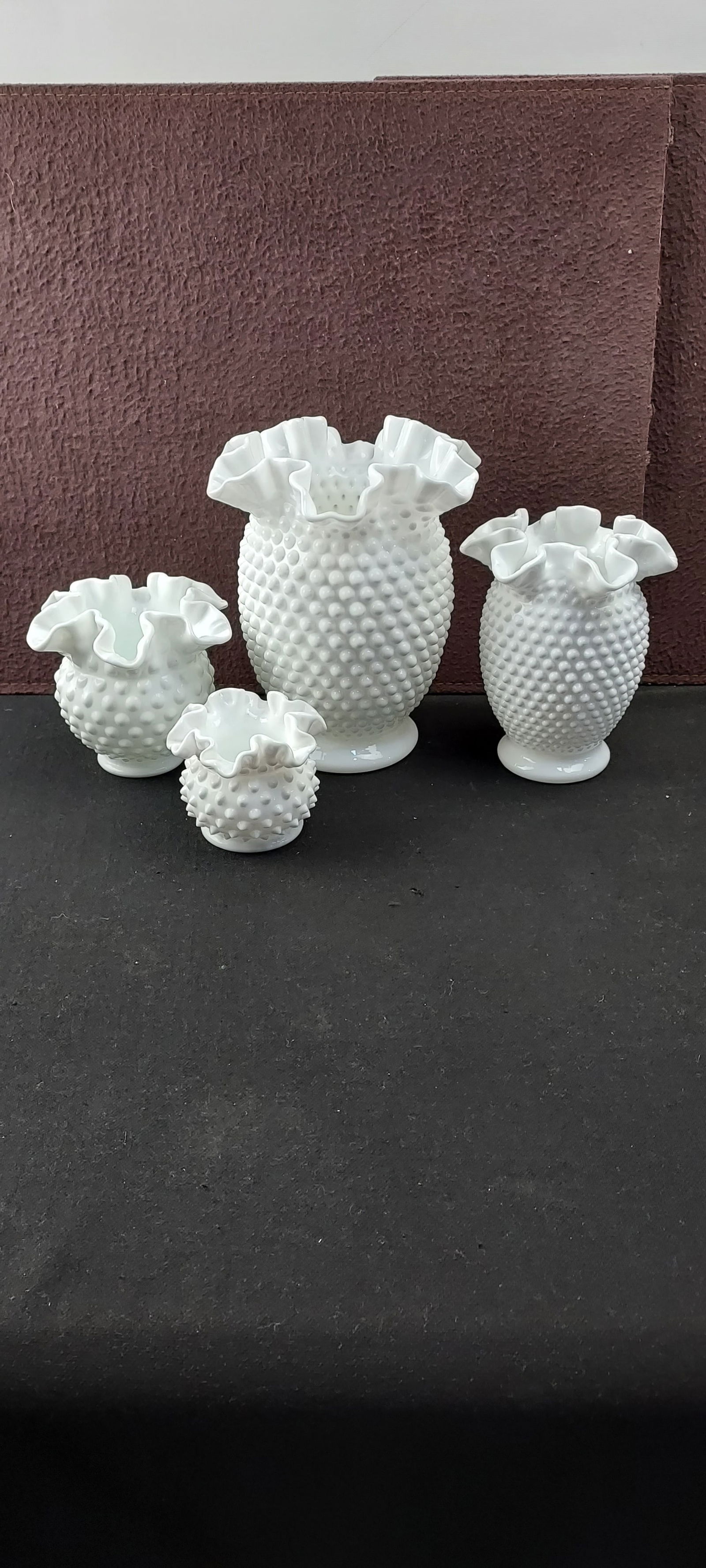 A Collection of Fenton Art Glass White Milk Glass Hobnail Ruffled Vases, Four Piece Set (1 of 13)
