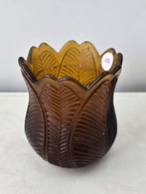 Vintage Fenton Art Glass Cameo Opalescent Amber Brown Drapery Rose Bowl