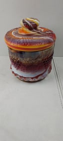 Fenton Red Slag Glass Covered Jar with Grape & Leaf Pattern