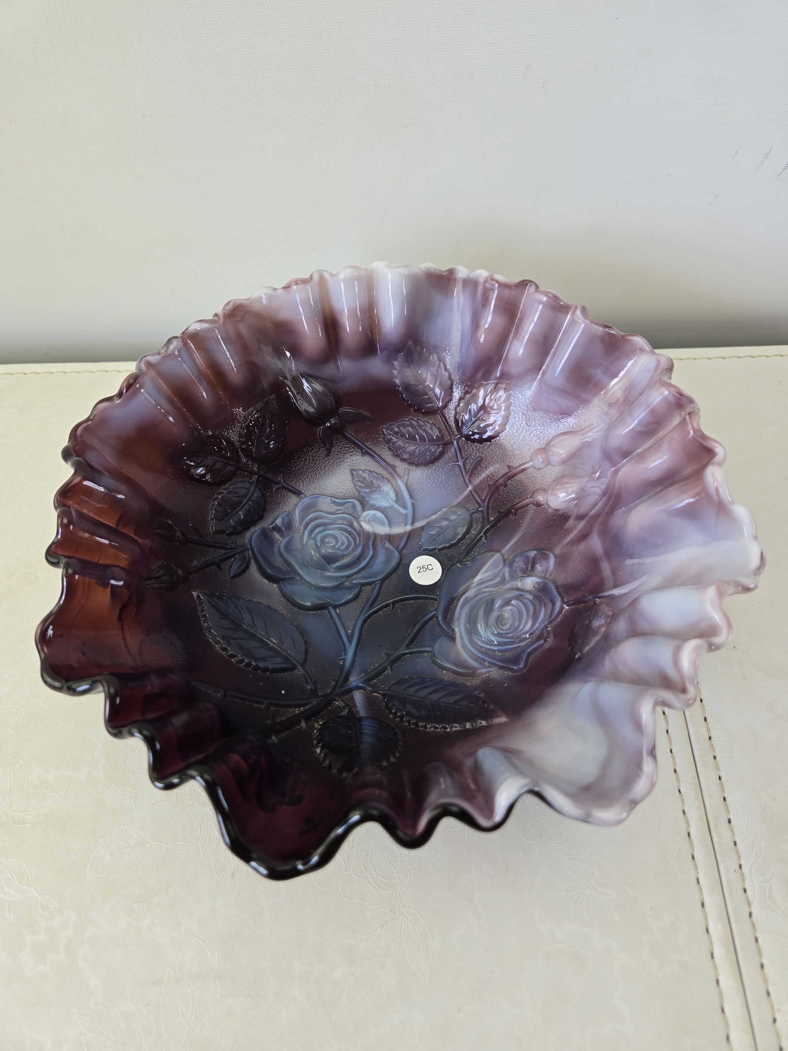 Vintage Imperial Glass Purple Slag Ruffled Edge Bowl with Embossed Roses (1 of 6)