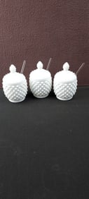 Set of Three 1953 Fenton Hobnail Milk Glass Jam/Jelly Bowls with Lids and Spoons