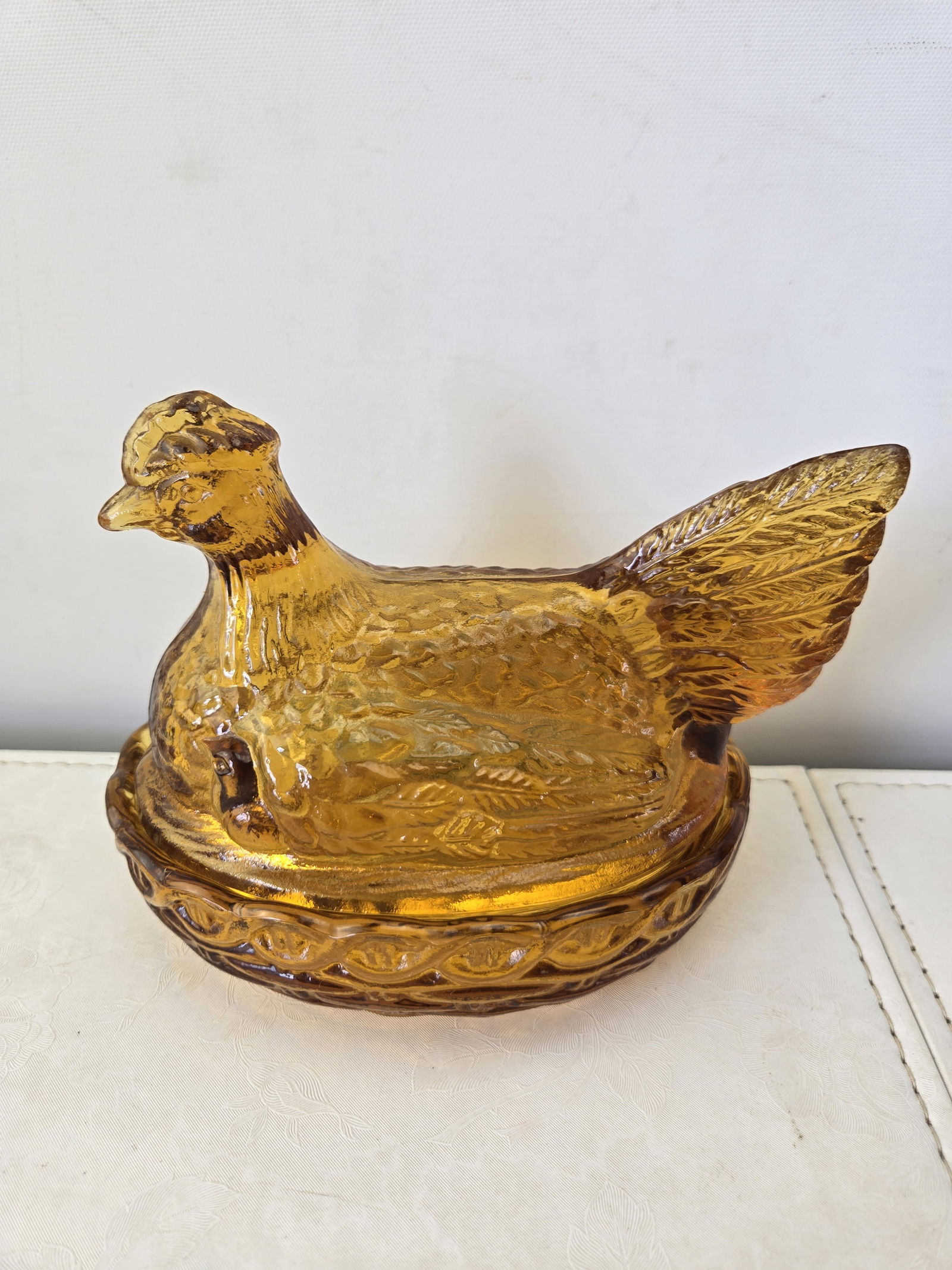 Vintage Amber Glass Hen on Nest Covered Dish with Basket Weave Base (1 of 7)