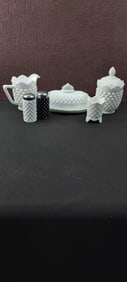 Six Pieces of Vintage 1950s Fenton Hobnail Milk Glass Tableware, Includes Salt & Pepper Shakers,