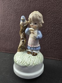 Vintage Porcelain & Ceramic Music Box Figurine, Young Girl with Bird, Circa 1970s