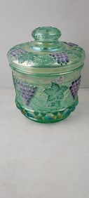 Fenton Iridescent Green Carnival Glass "Grape and Cable" Handpainted Tobacco Jar