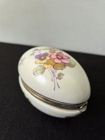 Vintage Lefton Japan Porcelain Egg-Shaped Hinged Trinket Box, Floral & Butterfly Motif