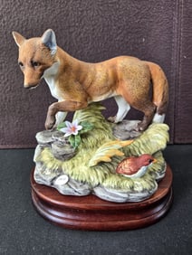 Vintage Enesco Imports Japan Hand-Painted Ceramic Fox Figurine with 'KE' Mark on Wooden Base