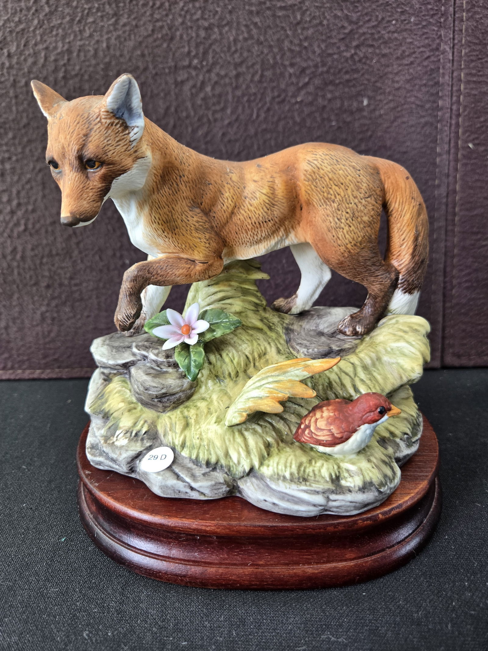 Vintage Enesco Imports Japan Hand-Painted Ceramic Fox Figurine with 'KE' Mark on Wooden Base (1 of 7)