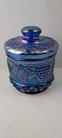 1993 Fenton Art Glass Cobalt Blue Carnival Grape & Cable Tobacco Jar
