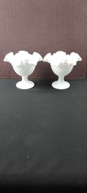 A Pair of Vintage Fenton White Hobnail Ruffled Milk Glass 5 1/2" Candleholders