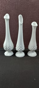 A Group of Three Fenton Hobnail Milk Glass Bud Vases, #3756
