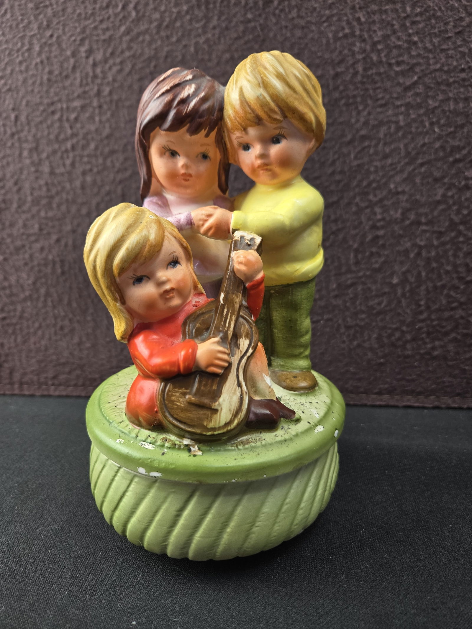 Vintage Ceramic Music Box Figurine, Three Children with Guitar (1 of 3)