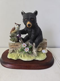 Vintage Enesco Japan Ceramic Figurine, Black Bear Cub and Owl on Log