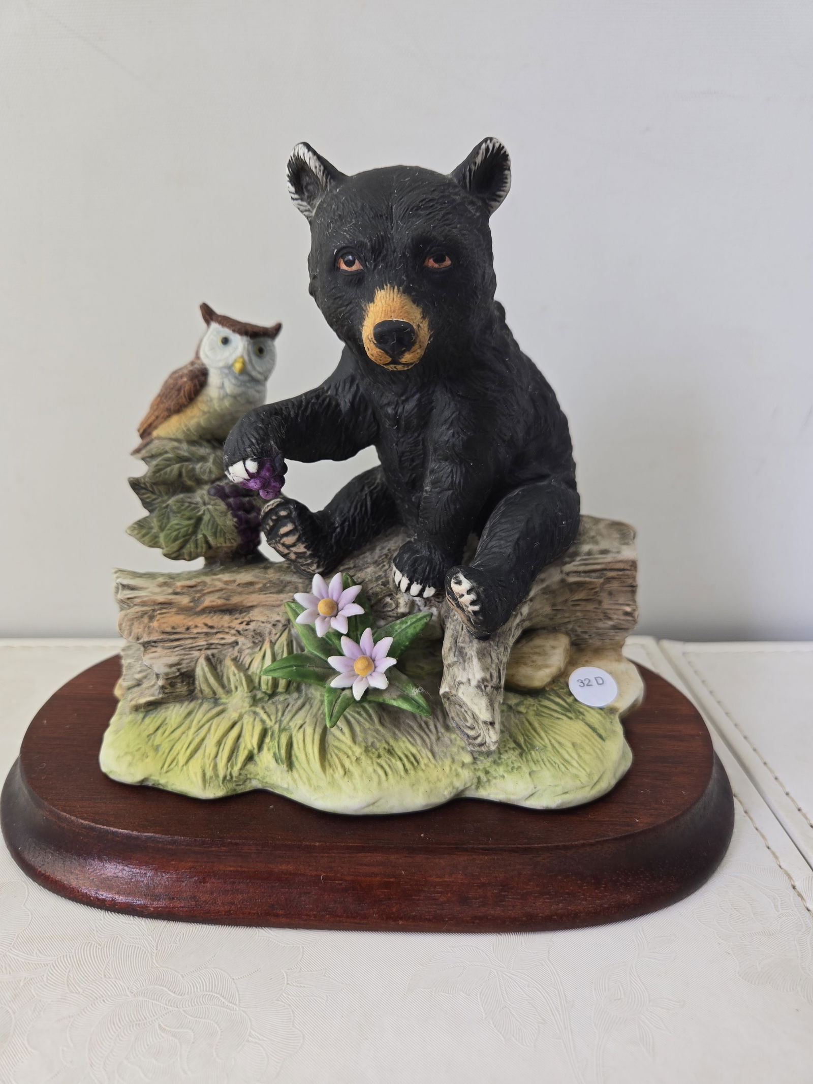 Vintage Enesco Japan Ceramic Figurine, Black Bear Cub and Owl on Log (1 of 7)