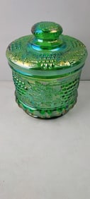 Fenton Green Carnival Glass Grape & Cable Tobacco Jar