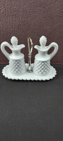Vintage Fenton Milk Glass Hobnail 3-Piece Cruet Set with Tray