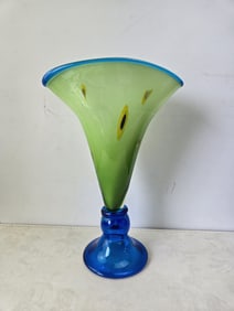 Blenko Art Glass #872 Fan Vase, Kiwi Green with Cobalt Blue Base