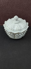 Vintage Fenton White Milk Glass Hobnail Ruffled Edge Covered Candy Dish with Shell Finial