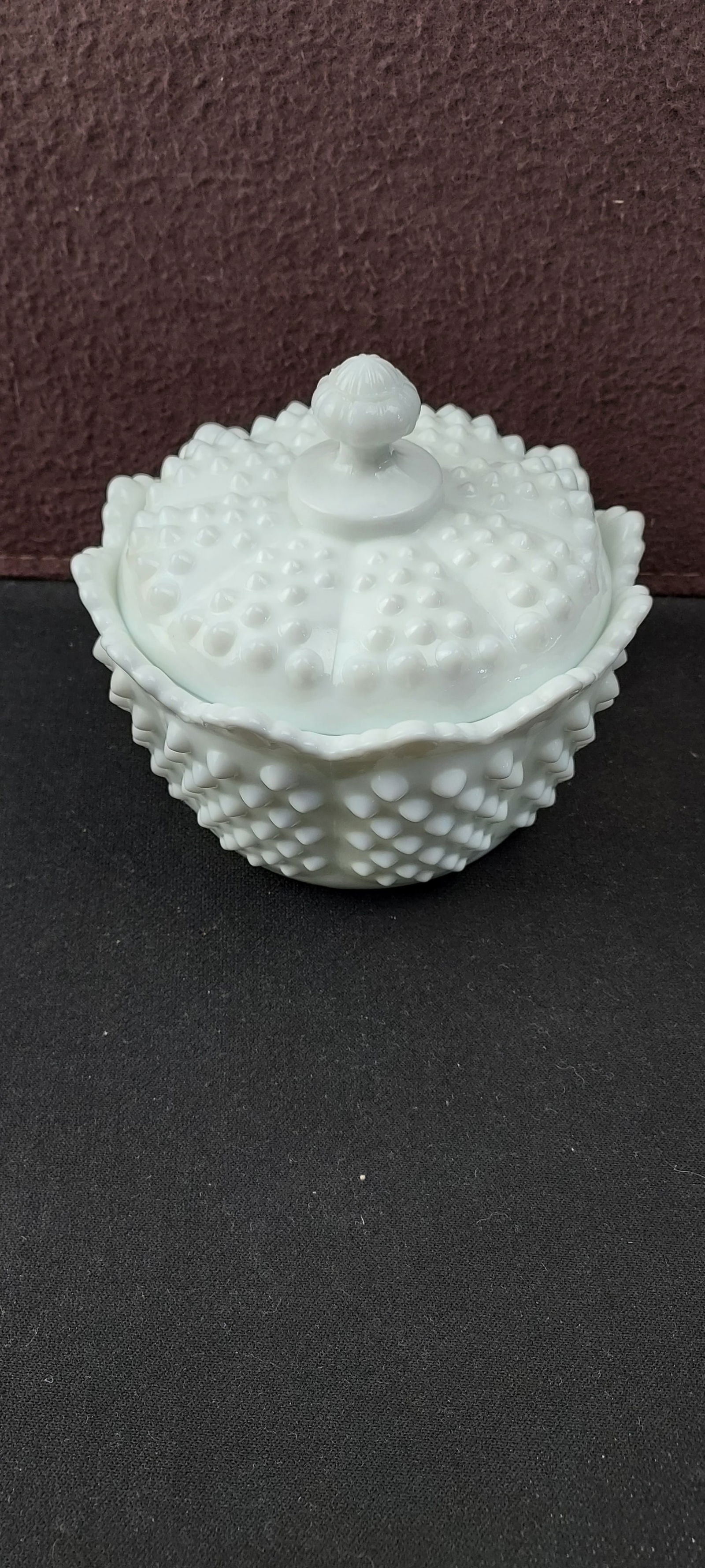 Vintage Fenton White Milk Glass Hobnail Ruffled Edge Covered Candy Dish with Shell Finial (1 of 9)