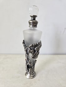 Vintage Fantasy Dragon & Castle Pewter Overlay Frosted Glass Perfume Bottle