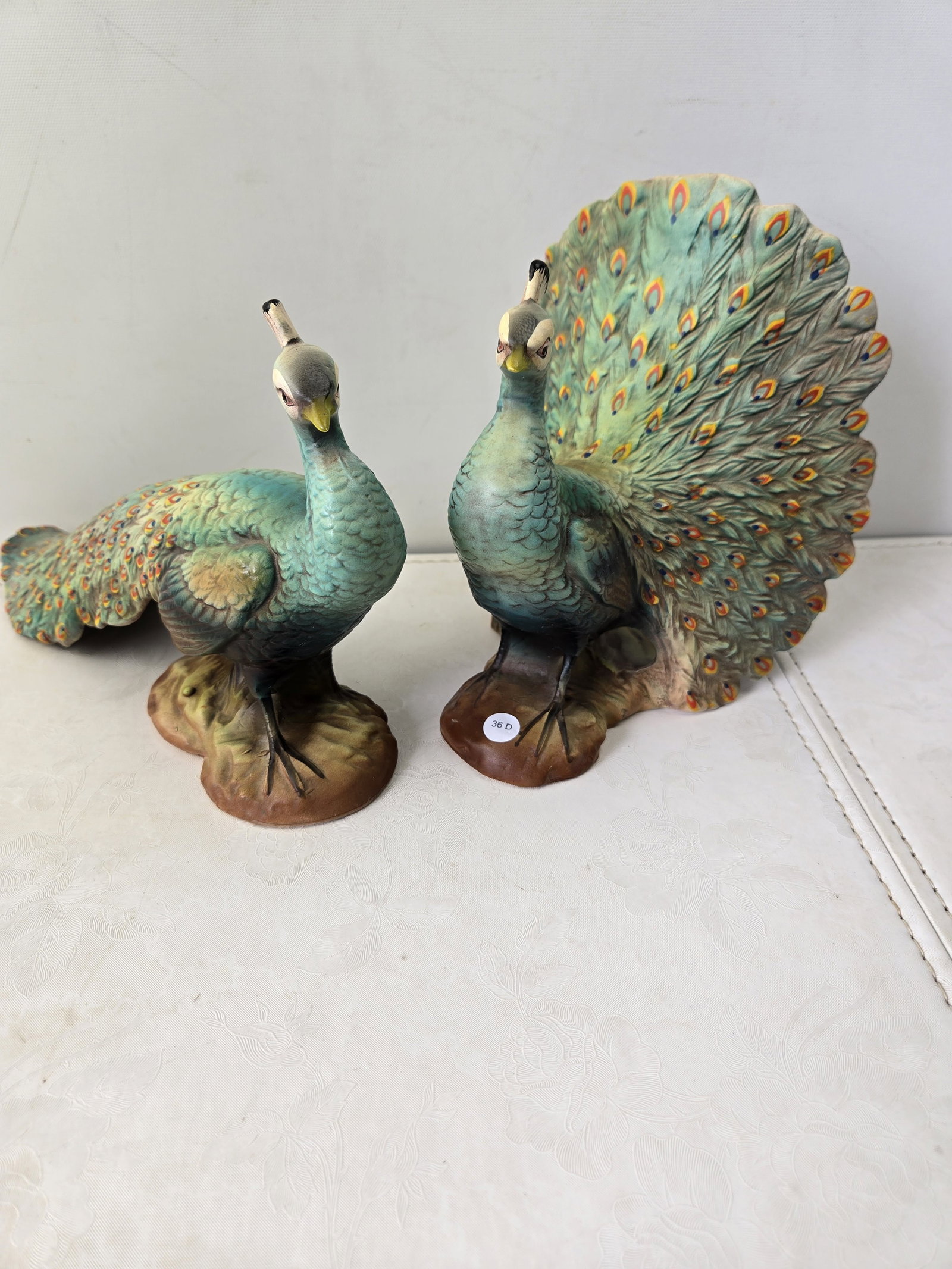 Vintage Lefton China / Gift Ideas Creation Pair of Peacock Figurines, S733 & S734: A pair of vintage ceramic or porcelain peacock figurines, attributed to Lefton China and distributed by Gift Ideas Creation, Philadelphia, PA. One figurine, identified on its base as 'S733 Peacock,' d
