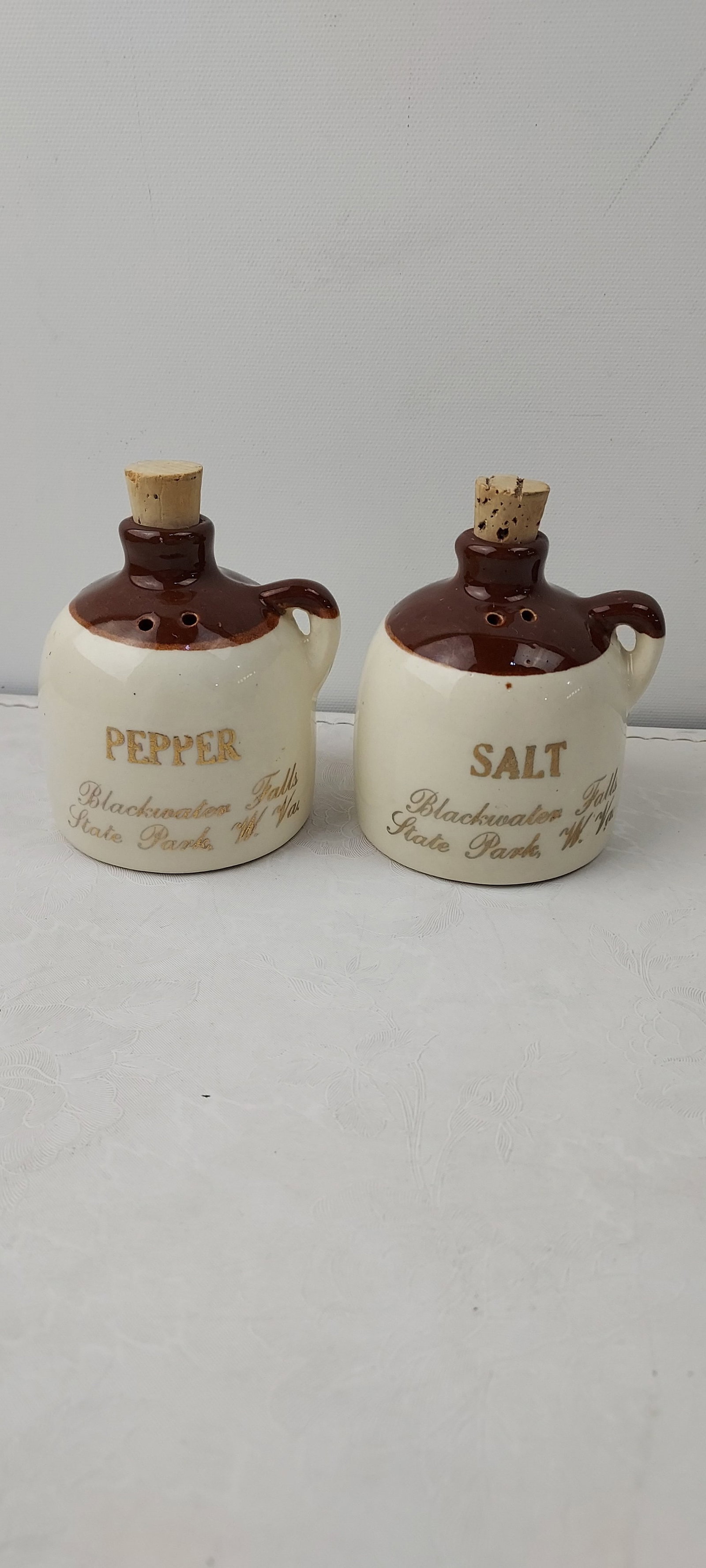 Vintage Paden City Artware Co. Inc. Blackwater Falls State Park W. Va. Souvenir Whiskey Jug Salt &: A vintage matching pair of ceramic souvenir salt and pepper shakers, manufactured by Paden City Artware Co. Inc. and marked 'Made in W. Va.' on the base. These shakers are styled as miniature stonewar