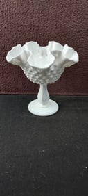 Fenton White Milk Glass Hobnail Ruffled Pedestal Compote
