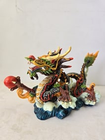 Multi-Colored Resin Chinese Feng Shui Dragon Statue with Red Orb