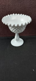 Fenton White Milk Glass Hobnail Ruffled Pedestal Compote