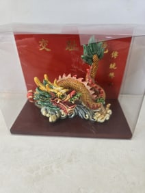 Polychrome Chinese Feng Shui Dragon Figurine, Cased, Made in China