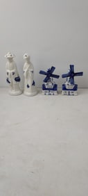 A Lot of Four Ceramic Salt and Pepper Shakers: Two Delft Blue Windmills and Two Stylized Asian