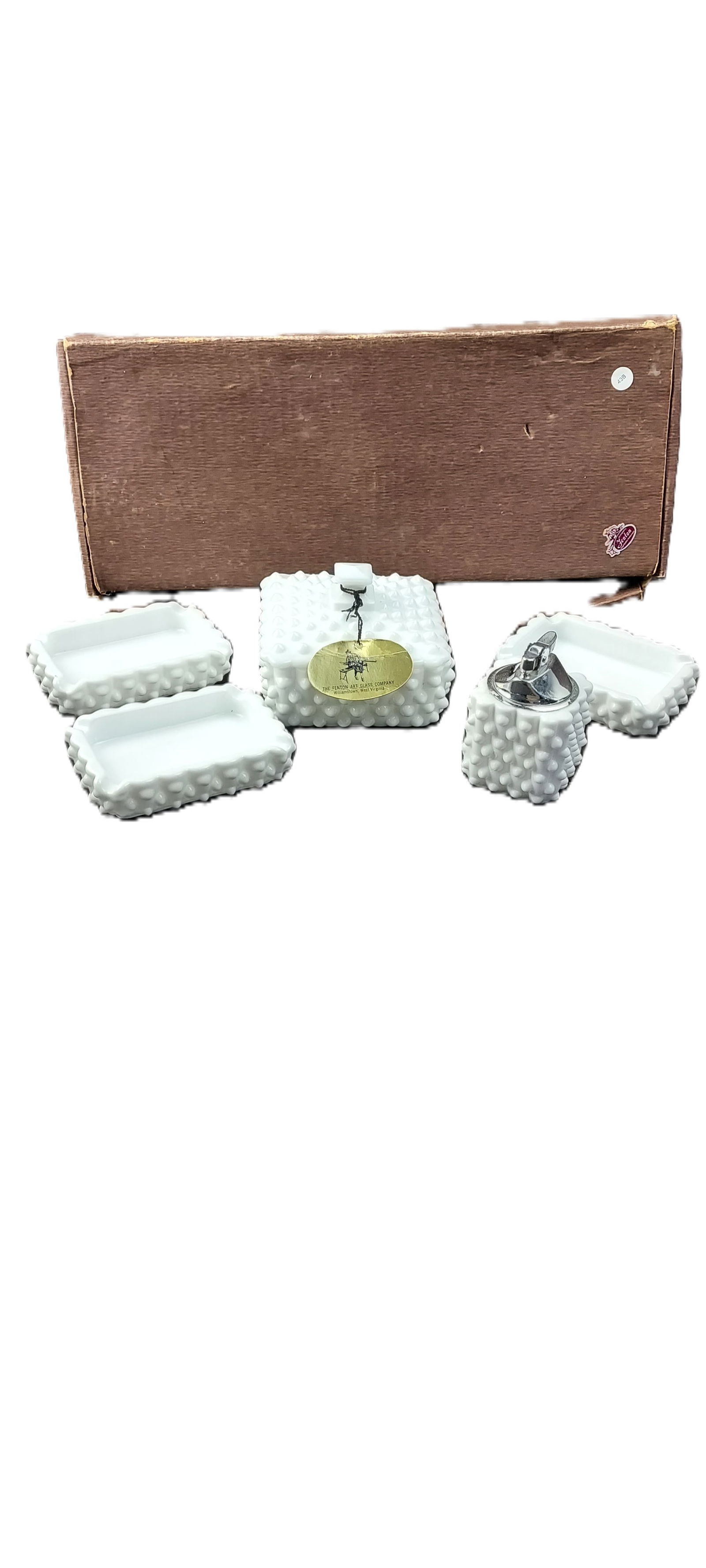 Fenton White Hobnail Milk Glass Cigarette Box, Lighter, and Ashtray Set with Original Box (1 of 8)