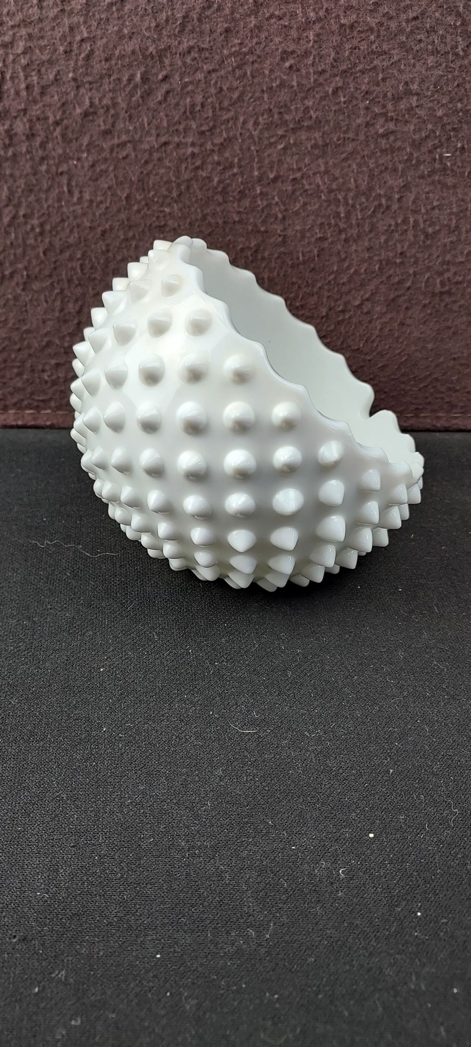 Vintage Fenton Milk Glass Hobnail Orb Ashtray, Mid-Century Modern: A classic example of Mid-Century Modern American art glass, this piece is identified as a Fenton Milk Glass Hobnail Orb Ashtray. Crafted from opaque white milk glass, the spherical body is entirely co