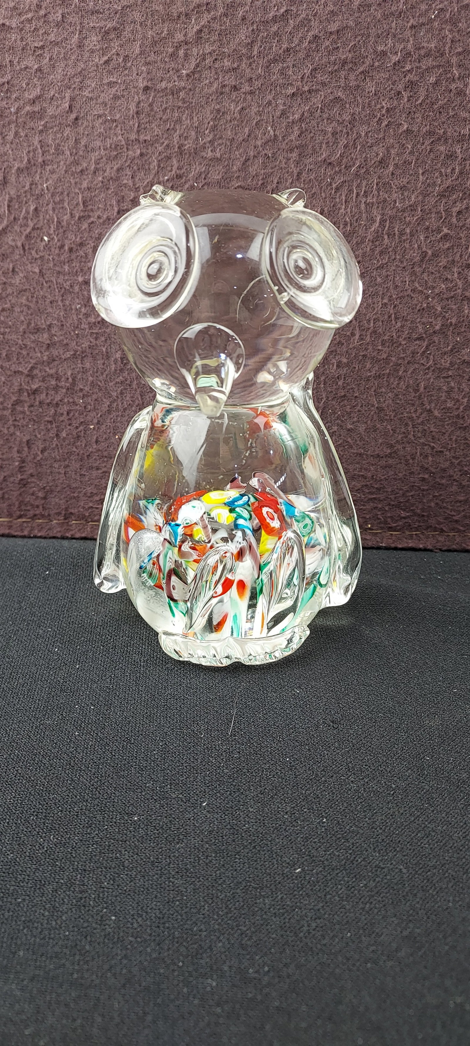 Vintage Lenwile Ardalt Art Glass Millefiori Owl Figurine Paperweight: This charming piece is a Vintage Lenwile Ardalt Art Glass Millefiori Owl Figurine Paperweight. The loose, clear glass sculpture is expertly crafted in the form of an owl, featuring distinct circular e