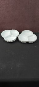 A Pair of Vintage Fenton Hobnail Milk Glass 3-Part Divided Relish Dishes