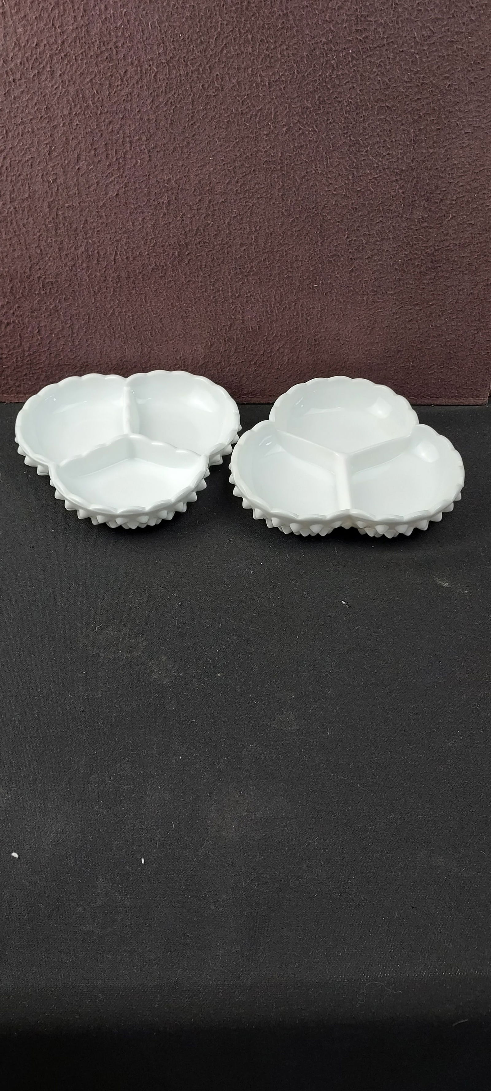 A Pair of Vintage Fenton Hobnail Milk Glass 3-Part Divided Relish Dishes (1 of 6)