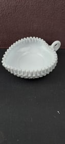 Vintage Fenton Milk Glass Hobnail Ruffled Heart Shaped Nappy with Handle