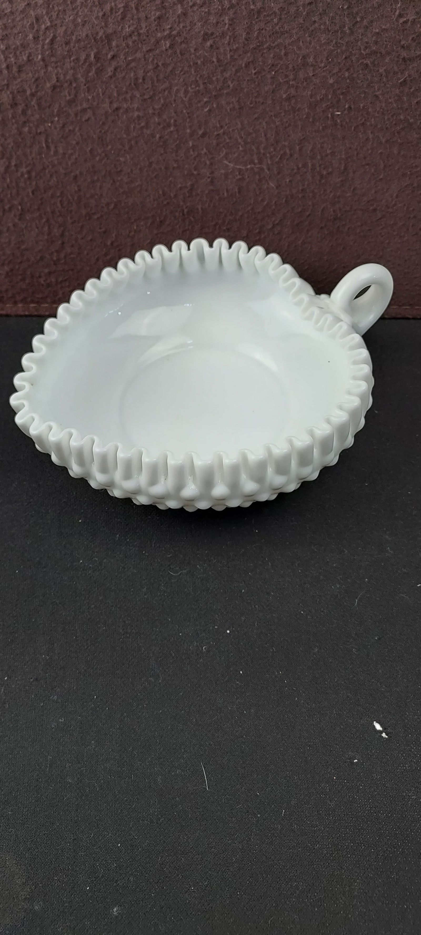 Vintage Fenton Milk Glass Hobnail Ruffled Heart Shaped Nappy with Handle (1 of 4)